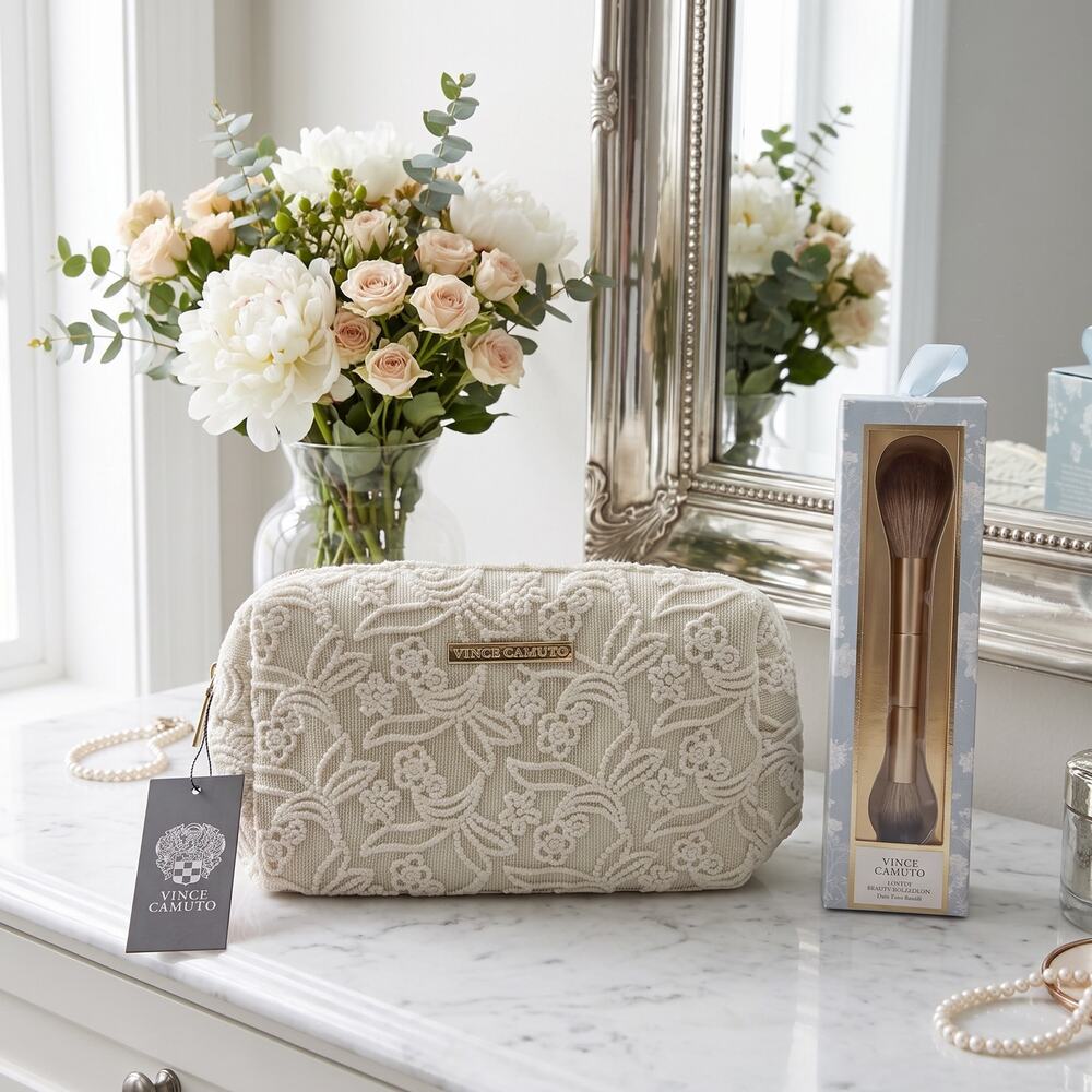 Vince Camuto Ivory Embroidered Cosmetic Bag + Duo Face Brush Set NWT